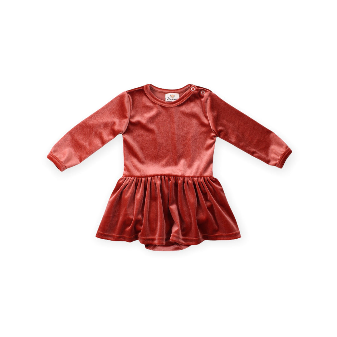 Laura Long Sleeve Baby Dress, Velvet Teracotta